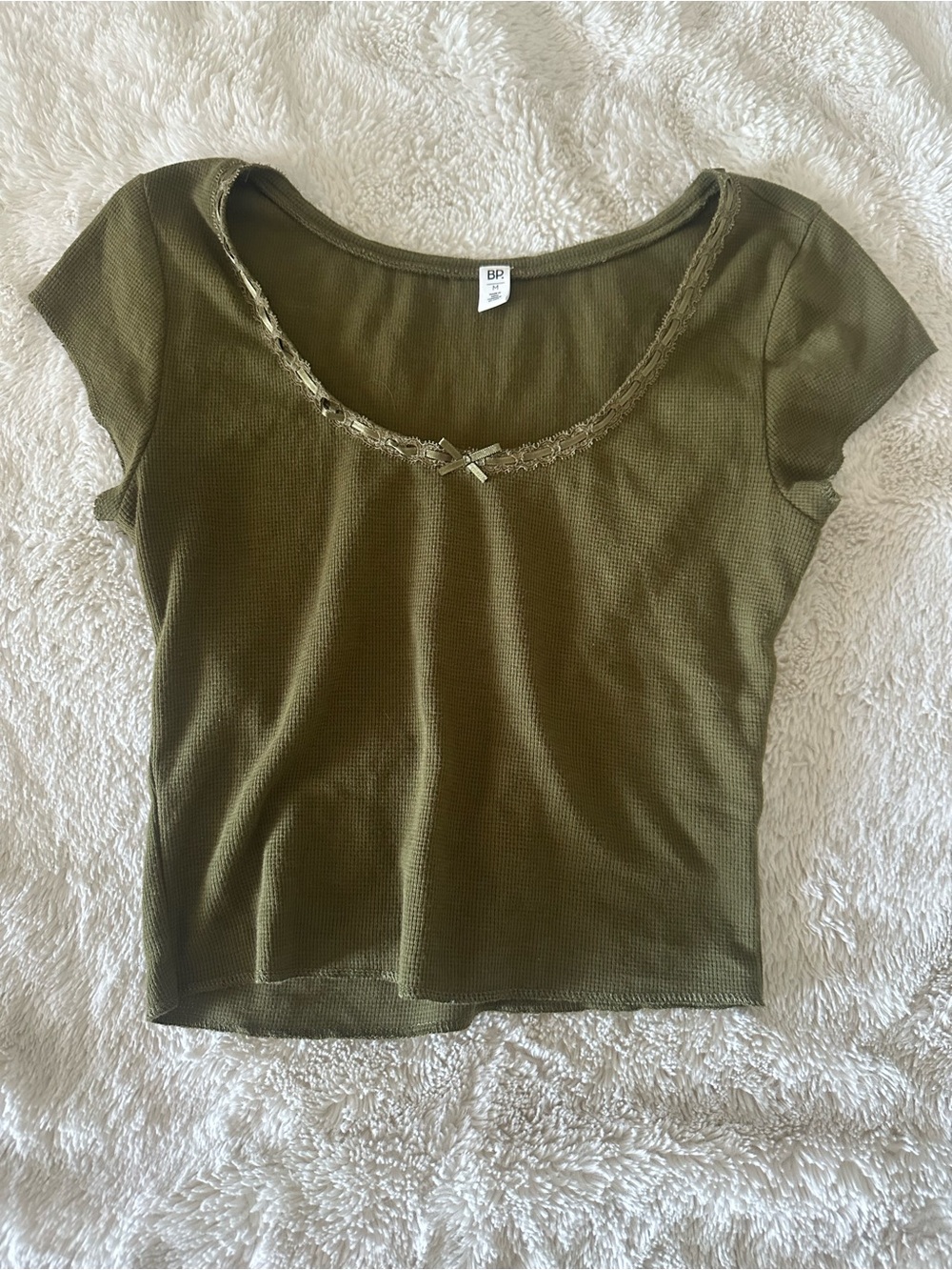 bp Olive Green Scoop Neck Short Sleeve Top with Lace Trim